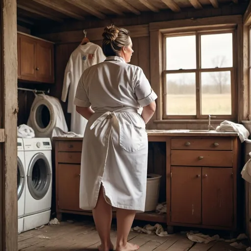 Prompt: Rear view of Plus size 50 year old woman with hair in a bun wearing a torn nurses uniform that exposes her bare bottom, hanging out laundry in an old farmhouse, pulp style 