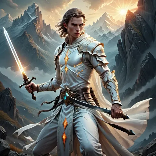 Prompt: Young (skinny holy Cleric) in battle outfit, dynamic pose holding a sword, (majestic mountains) in the background, (ethereal glow) surrounding the character, (mystical) ambiance, (epic fantasy character art) style, (intricate details), (dramatic lighting), highly detailed, vibrant color tones, inspired by Clint Cearley, (character portrait), showcasing epic characteristics of strength and mysticism, (4K).