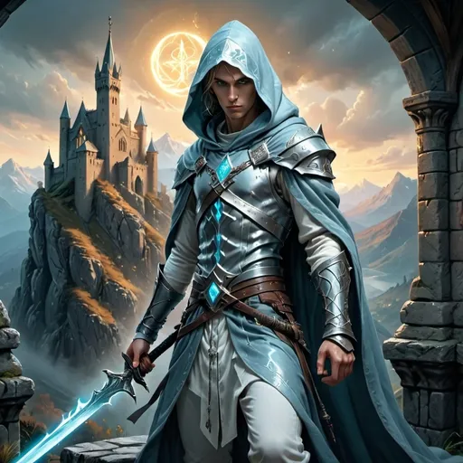 Prompt: Young (skinny holy Cleric) in castle battle outfit with hood, dynamic pose holding a sword, (majestic mountains) in the background, (ethereal glow) surrounding the character, (mystical) ambiance, (epic fantasy character art) style, (intricate details), (dramatic lighting), highly detailed, vibrant color tones, inspired by Clint Cearley, (character portrait), showcasing epic characteristics of strength and mysticism, (4K).