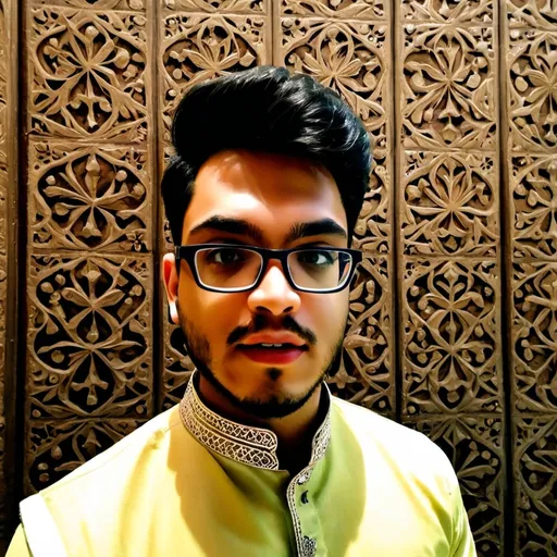 Prompt: For an authentic Panjabi style using Adobe AI generative fill, describe a traditional kurta (Panjabi) made of cotton or silk with intricate embroidery. The kurta should be knee-length with long sleeves, paired with a churidar or loose pajama. Choose vibrant colors like maroon, royal blue, or emerald green, and include subtle patterns for added elegance. Footwear should consist of traditional juttis or mojaris, often adorned with embroidery or mirror work. Accessories can include a watch, gold bracelet, or a turban for a formal look, while a light scarf (dupatta) suits a more casual style. The background should reflect Punjabi culture, featuring rural or urban elements such as traditional architecture, mustard fields, or a haveli.