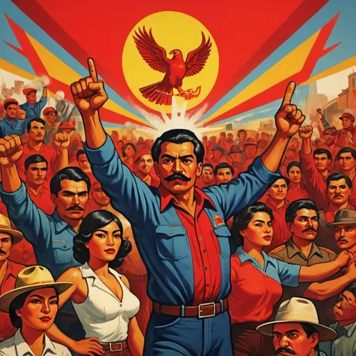 Prompt: Soviet poster design with depicting Mexican American people, workers of every industry
, (bold red fist) emerging from an array of (diverse colorful figures), dynamic composition, (illustrative style), vibrant colors, high contrast, vintage propaganda vibe, impactful message, detailed textures, artful arrangements, strong symbolism, (accurately spelled text "Art 39") in the background, revolutionary atmosphere, high-quality artwork, 4K ultra-detailed.