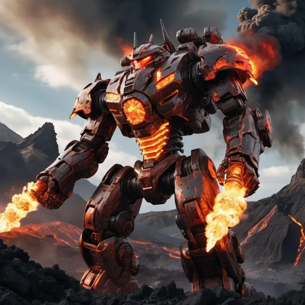 Prompt: a volcanic fire battlemech