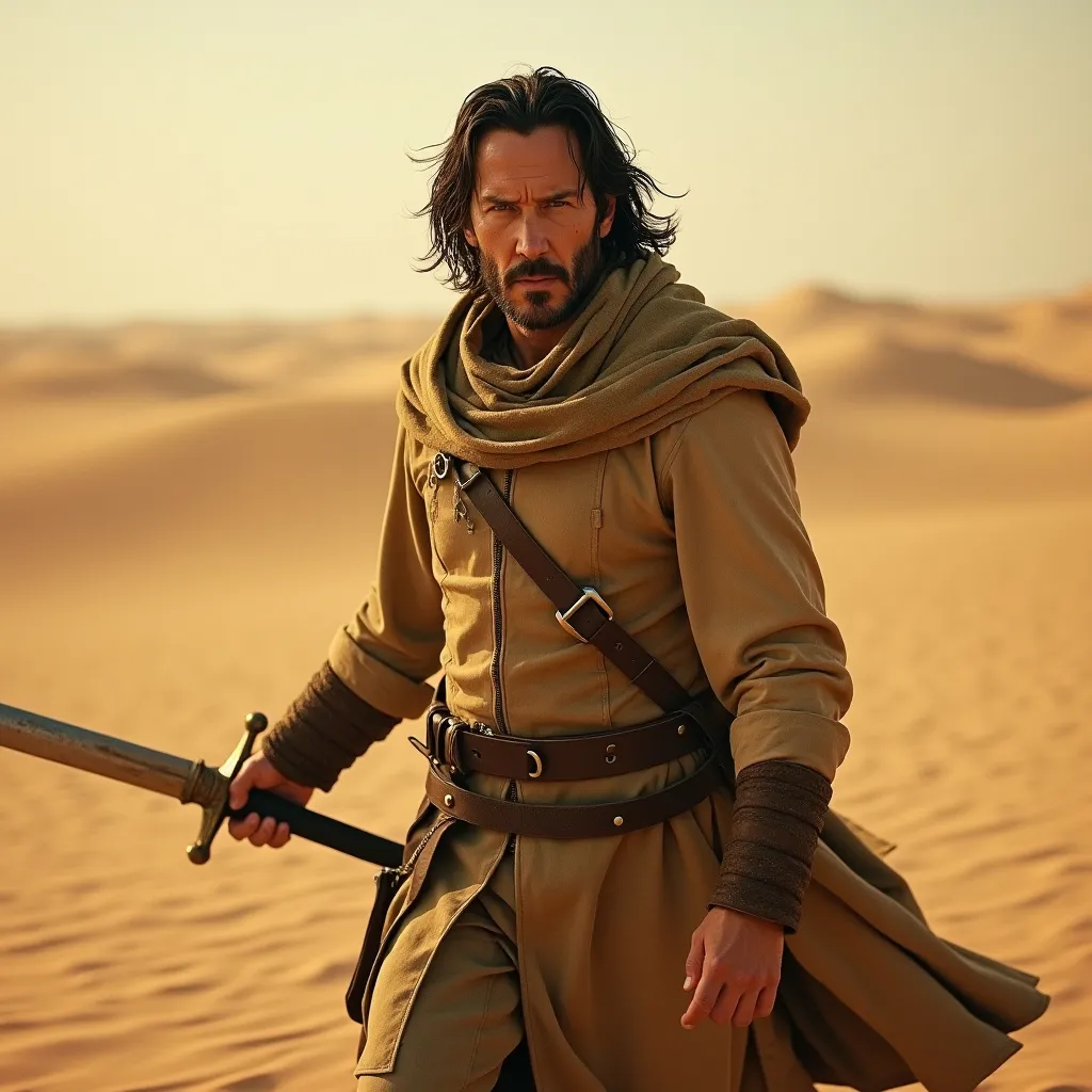 Prompt: photorealistic, (warm color scheme), (dramatic lighting), Keanu Reeves in a desolate apocalyptic landscape, wielding a sword, wearing weathered medieval clothing, sandy dunes stretching into the horizon, intense expression, evoking a sense of urgency and survival, ultra-detailed, cinematic atmosphere, conveying a relentless battle against the elements.