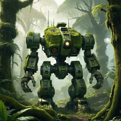 Prompt: a mossy ancient battlemech in a jungle