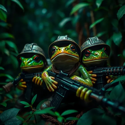 Prompt: Frogs as soldiers, (Vietnam War theme), camouflage gear, miniature rifles and helmets, detailed expressions of determination, (dramatic lighting), (vibrant green tones with earth brown patches), jungle background filled with foliage, eerie atmosphere, war ambiance, portraying bravery, (highly detailed), (cinematic quality), (4K resolution), sense of movement in a tense scenario.