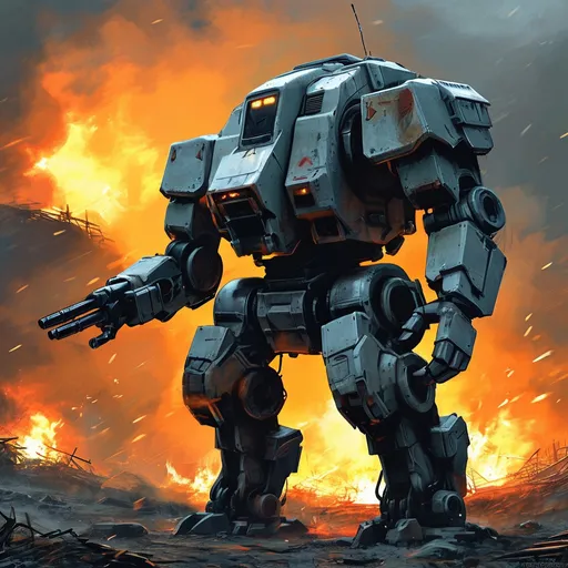 Prompt: A war-torn battlemech