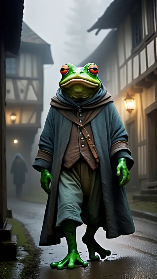 Prompt: Frog humanoid, (medieval clothing), walking down a foggy town, pine wood houses, Picasso style, full body, cool dark atmosphere