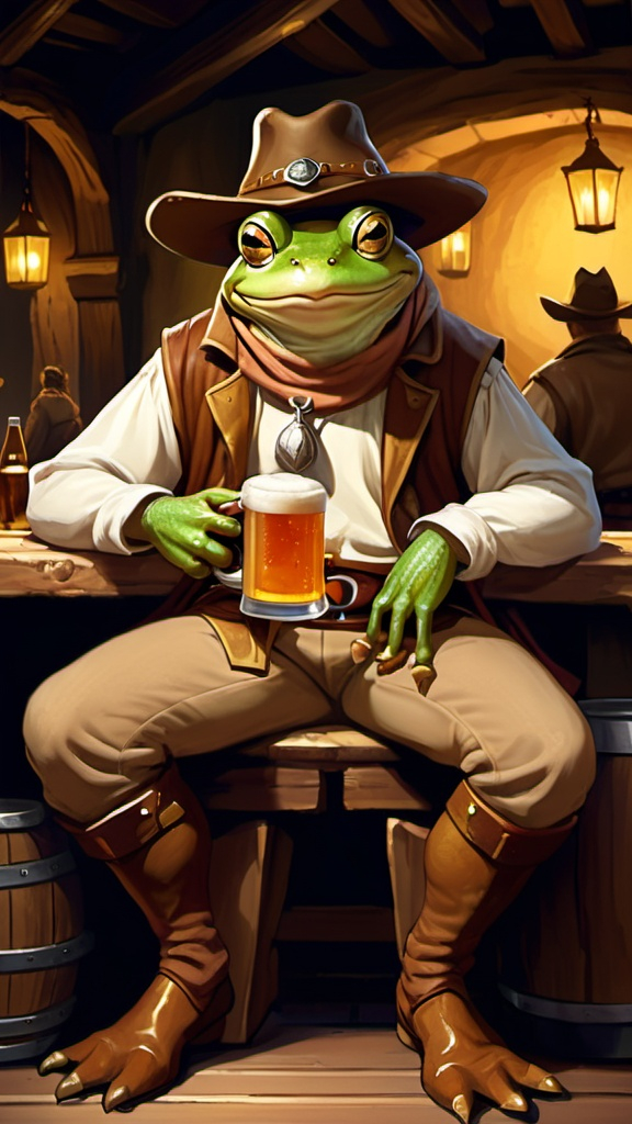 Prompt: Frog humanoid, (medieval tunic, brown trousers, cowboy hat), sitting in a tavern, enjoying his beer, confident persona, fantasy character art, illustration, dnd, full body, night, warm tone