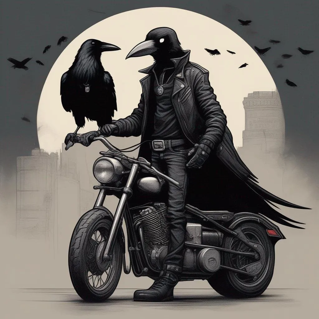 Prompt: A Tall anthropomorphic Crow Standing Next To A Black Low Riding Motorcycle Waring A Pare Of Black Jeans And A Black Lether Jacket