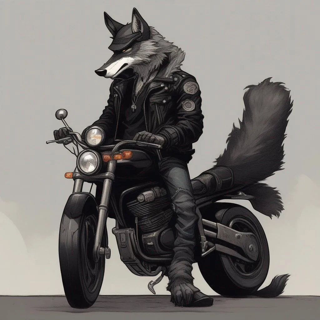 Prompt: A Tall Anthropomorphic Wolf With Black Fur Standing Next To A Black Low Riding Motorcycle Waring A Pare Of Black Jeans And A Black Lether Jacket