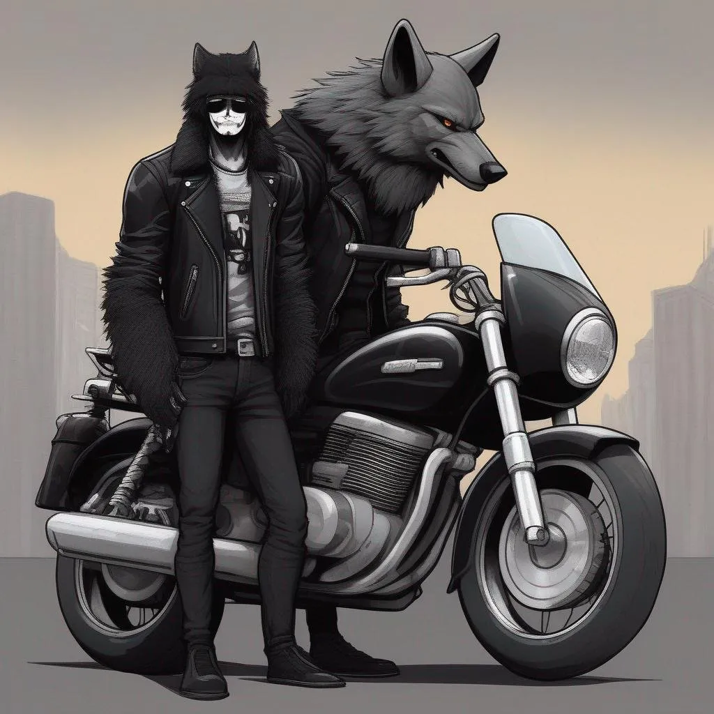 Prompt: A Tall Anthropomorphic Wolf With Black Fur Standing Next To A Black Low Riding Motorcycle Waring A Pare Of Black Jeans And A Black Lether Jacket