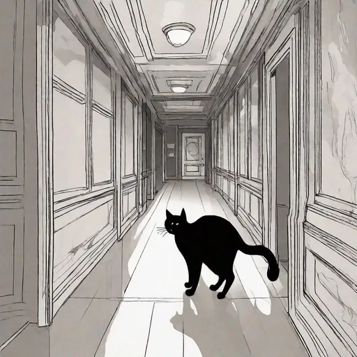 Prompt: An Anthropomorphic Black Cat Standing In A Dark Hotel Hallway