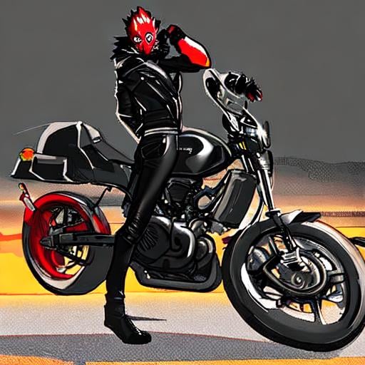 Prompt: A Tall Anthropomorphic Hellhound With Black Fur And Red Eyes Standing Next To A Black Low Riding Motorcycle Waring A Pare Of Black Jeans And A Black Lether Jacket