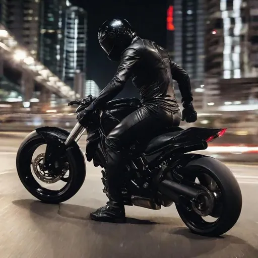 Prompt: A Man Wareing All Black Latex Suit And A Pare Of Black Lether Gloves And An All Black Motorbike Helmet Riding A Motorcycle Form Afar At Night Outside A Brightly Lit City
