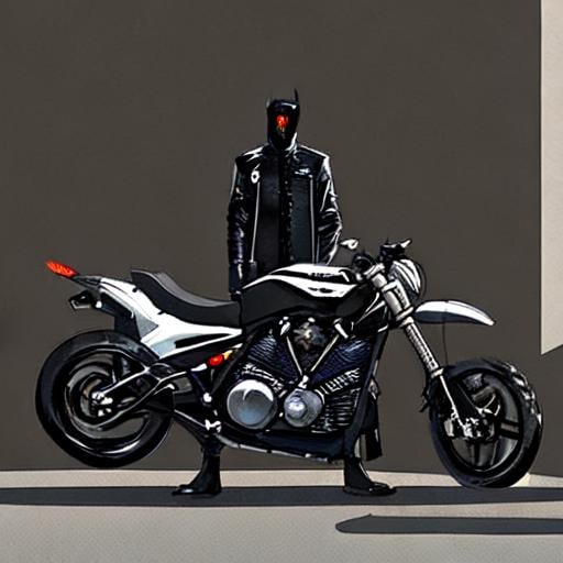 Prompt: A Tall anthropomorphic Crow Standing Next To A Black Low Riding Motorcycle Waring A Pare Of Black Jeans And A Black Lether Jacket