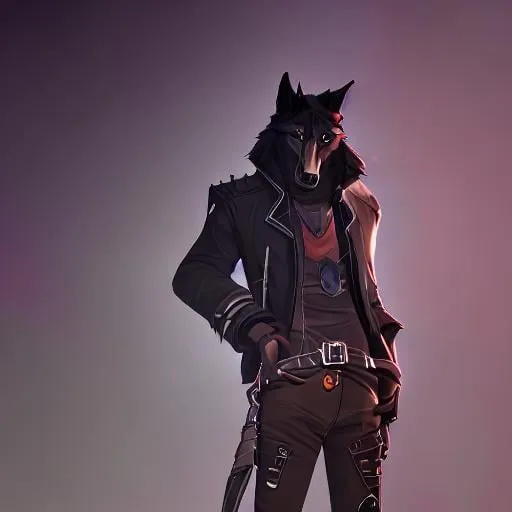 Prompt: A Tall Anthropomorphic Wolf With Black Fur Standing Next To A Black Low Riding Motorcycle Waring A Pare Of Black Jeans And A Black Lether Jacket