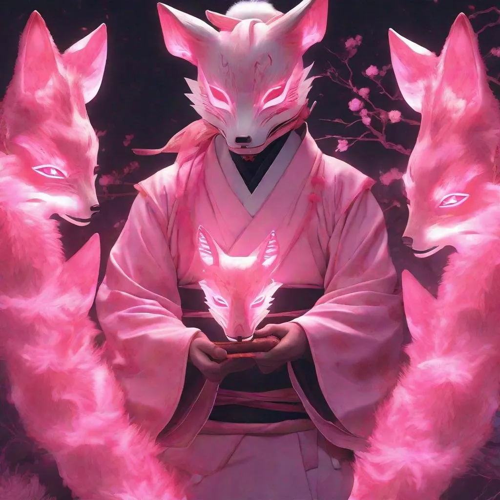 Prompt: A Man Wareing A Kitsune Fox Mask And Pink Glowing Chans Wrapped Around His Rists