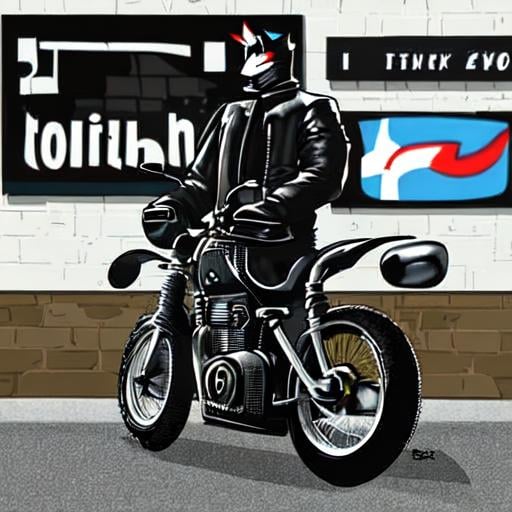 Prompt: A Tall Anthropomorphic Hellhound With Black Fur Standing Next To A Black Low Riding Motorcycle Waring A Pare Of Black Jeans And A Black Lether Jacket