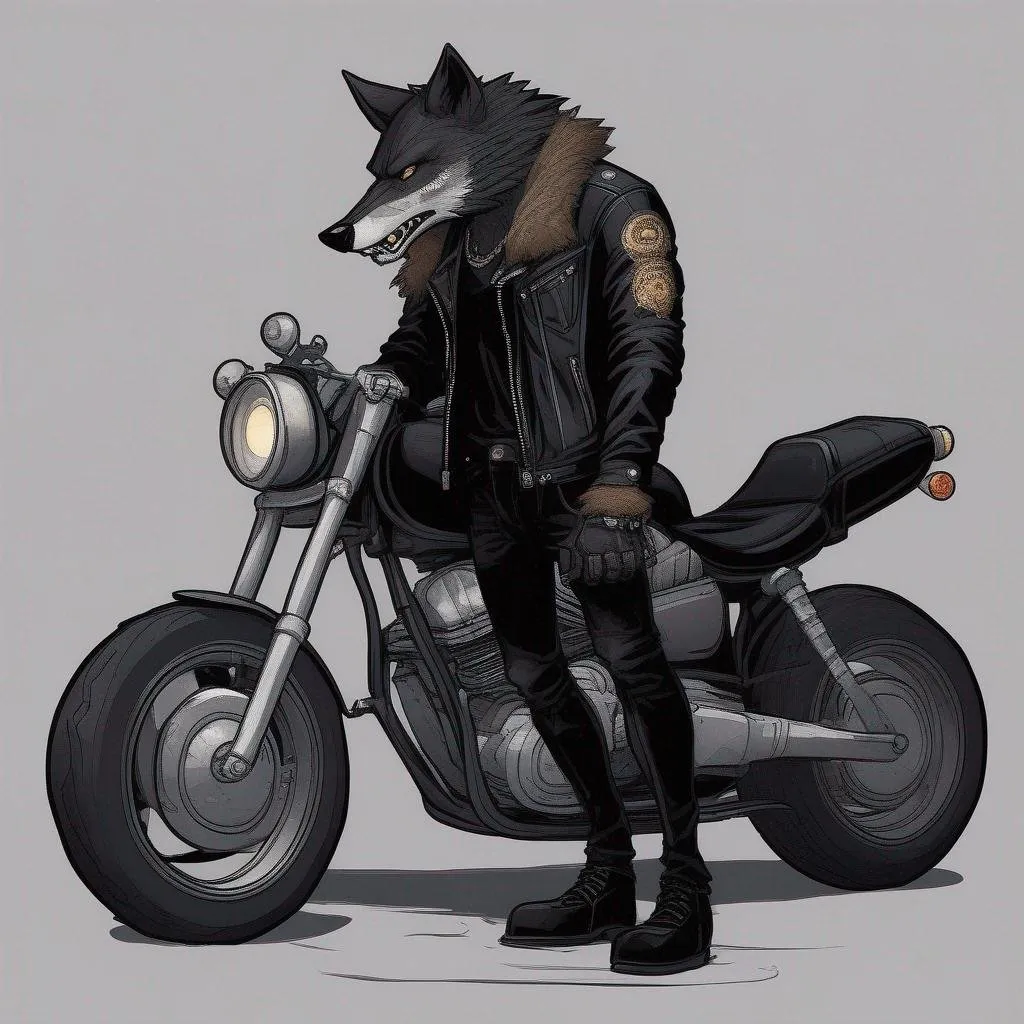 Prompt: A Tall Anthropomorphic Wolf With Black Fur Standing Next To A Black Low Riding Motorcycle Waring A Pare Of Black Jeans And A Black Lether Jacket