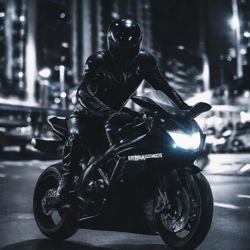 Prompt: A Man Wareing All Black Latex Suit And A Pare Of Black Lether Gloves And An All Black Motorbike Helmet Riding A Motorcycle Form Afar At Night Outside A Brightly Lit City