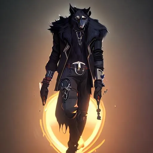 Prompt: A Tall Anthropomorphic Wolf With Black Fur Standing Next To A Black Low Riding Motorcycle Waring A Pare Of Black Jeans And A Black Lether Jacket