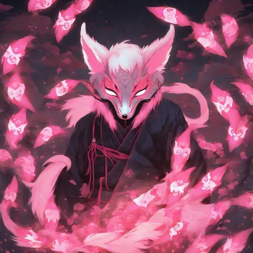 Prompt: A Man Wareing A Kitsune Fox Mask And Pink Glowing Chans Wrapped Around His Rists