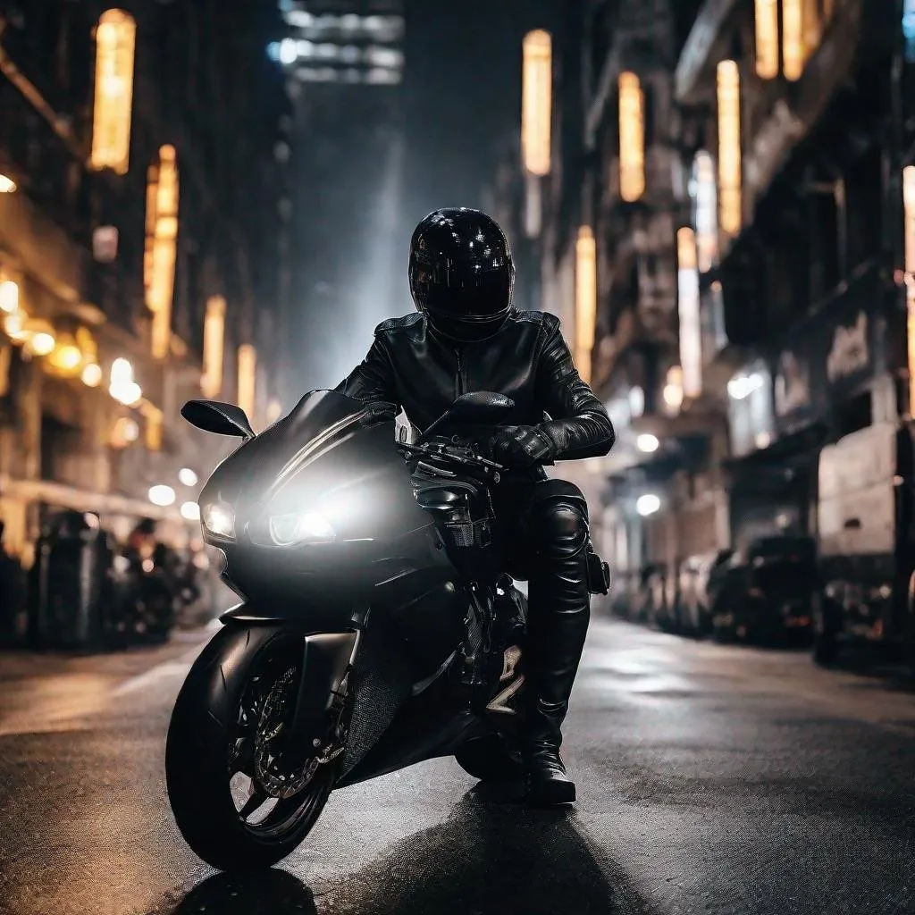 Prompt: A Man Wareing All Black Latex Suit And A Pare Of Black Lether Gloves And An All Black Motorbike Helmet Riding A Motorcycle Form Afar At Night Outside A Brightly Lit City