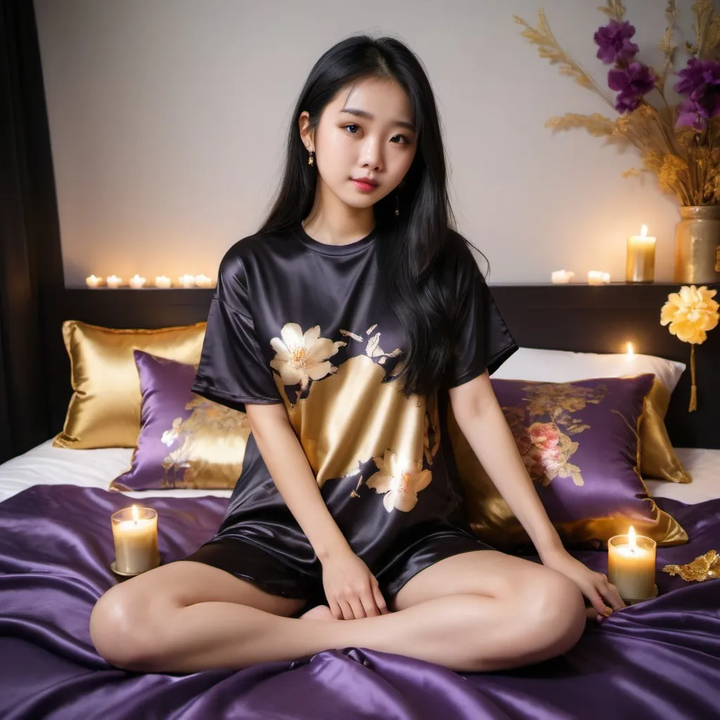 Prompt: cute chinese girl with long silky black hair wearing oversized black double layered satin t-shirt, short sleeve, sitting on bed, gold and purple puffy satin blanket with floral print, satin pillows, silky soft and shiny, soft candle lighting, gold satin lining