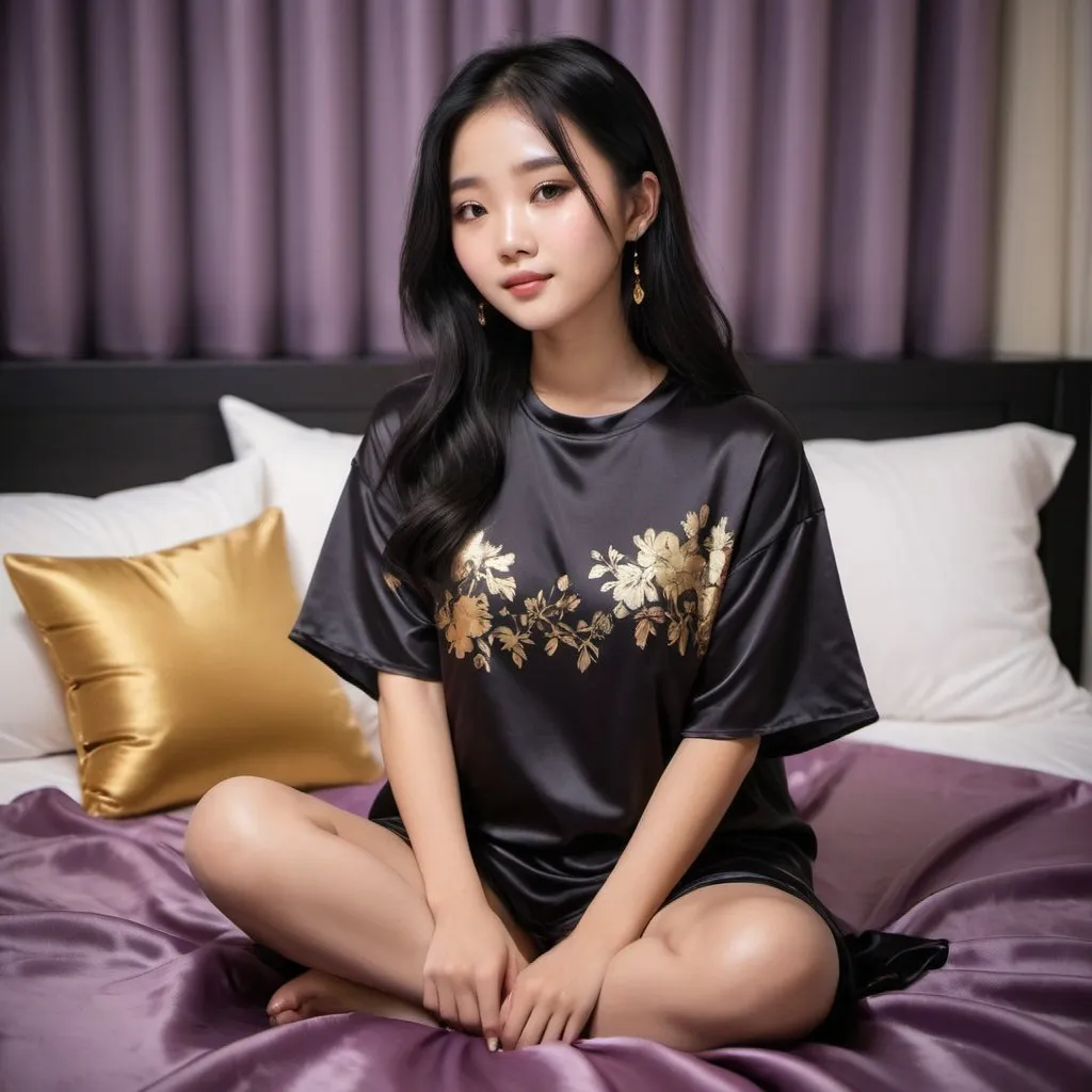 Prompt: cute chinese girl with long silky black hair wearing oversized black double layered satin t-shirt, short sleeve, sitting on bed, gold and purple puffy satin blanket with floral print, satin pillows, silky soft and shiny, soft candle lighting, gold satin lining