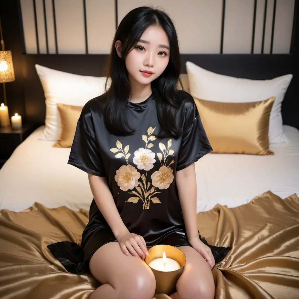 Prompt: cute chinese girl with long silky black hair wearing oversized black double layered satin t-shirt, short sleeve, sitting on bed, gold puffy satin blanket with floral print, satin pillows, silky soft and shiny, soft candle lighting, gold satin lining