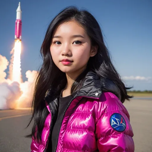 Prompt: cute teenage asian girl in Fuchsia and black shimmering nylon puffer jacket, long black hair, wearing t shirt, delta 4 heavy rocket in background