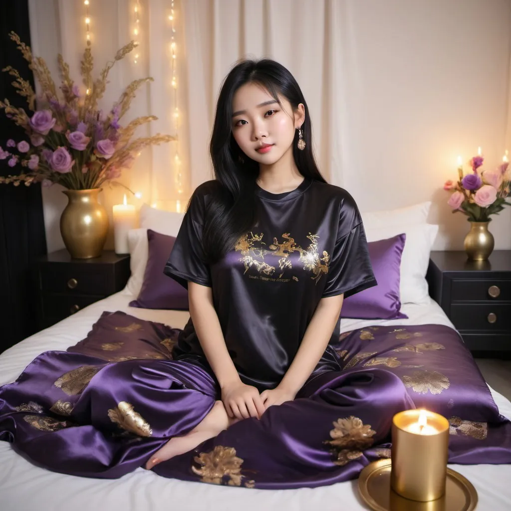 Prompt: cute chinese girl with long silky black hair wearing oversized black double layered satin t-shirt, short sleeve, sitting on bed, gold and purple puffy satin blanket with floral print, satin pillows, silky soft and shiny, soft candle lighting, gold satin lining