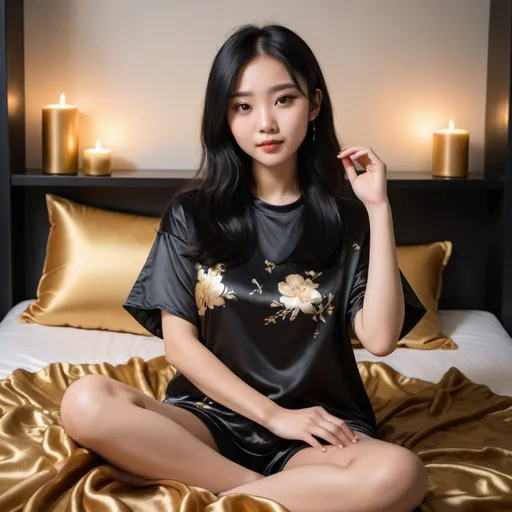 Prompt: cute chinese girl with long silky black hair wearing oversized black double layered satin t-shirt, short sleeve, sitting on bed, gold puffy satin blanket with floral print, satin pillows, silky soft and shiny, soft candle lighting, gold satin lining