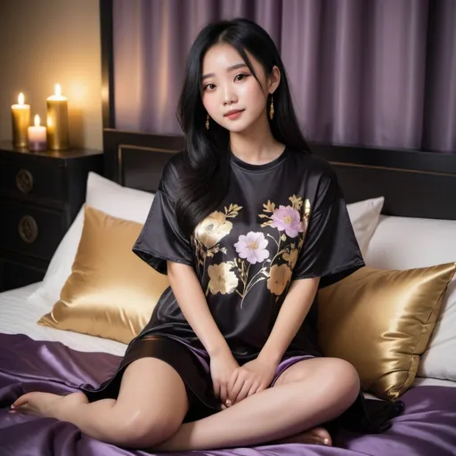 Prompt: cute chinese girl with long silky black hair wearing oversized black double layered satin t-shirt, short sleeve, sitting on bed, gold and purple puffy satin blanket with floral print, satin pillows, silky soft and shiny, soft candle lighting, gold satin lining