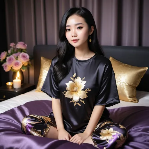 Prompt: cute chinese girl with long silky black hair wearing oversized black double layered satin t-shirt, short sleeve, sitting on bed, gold and purple puffy satin blanket with floral print, satin pillows, silky soft and shiny, soft candle lighting, gold satin lining