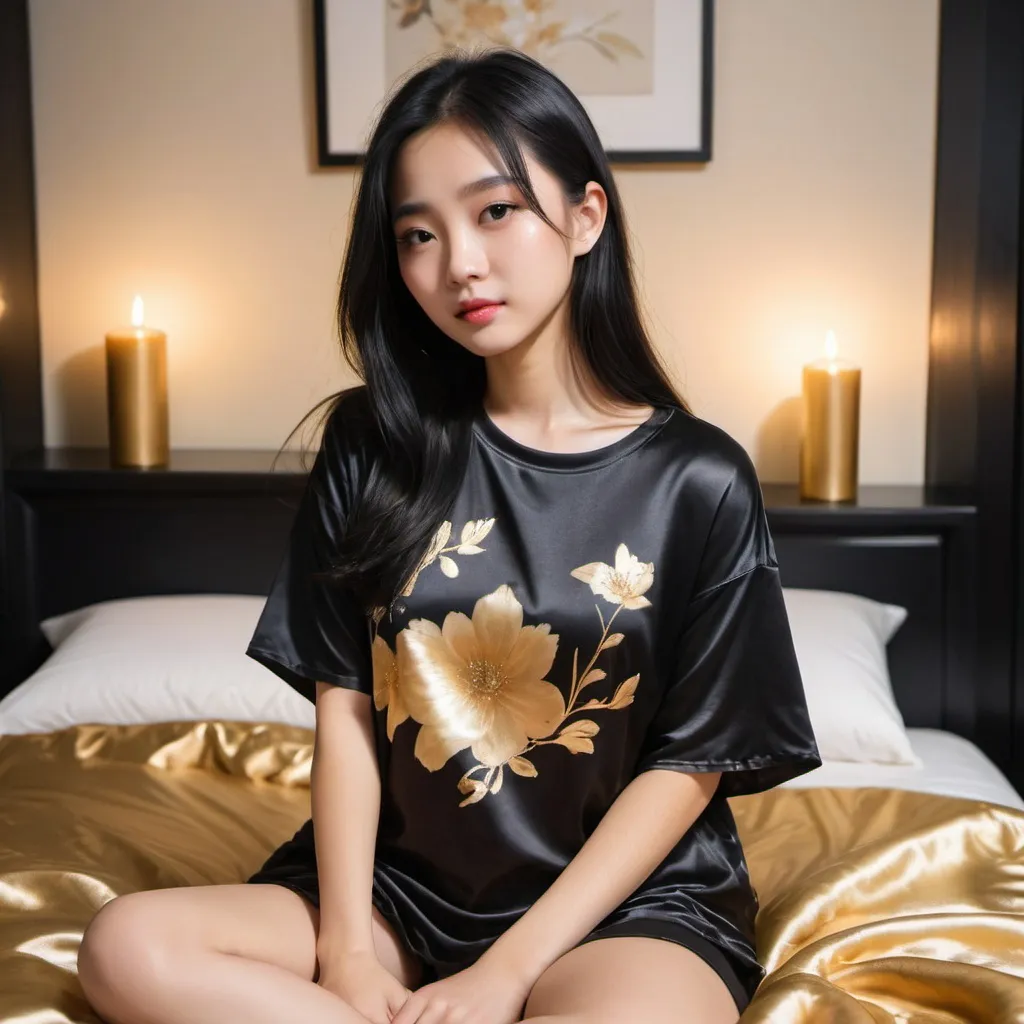 Prompt: cute chinese girl with long silky black hair wearing oversized black double layered satin t-shirt, short sleeve, sitting on bed, gold puffy satin blanket with floral print, satin pillows, silky soft and shiny, soft candle lighting, gold satin lining