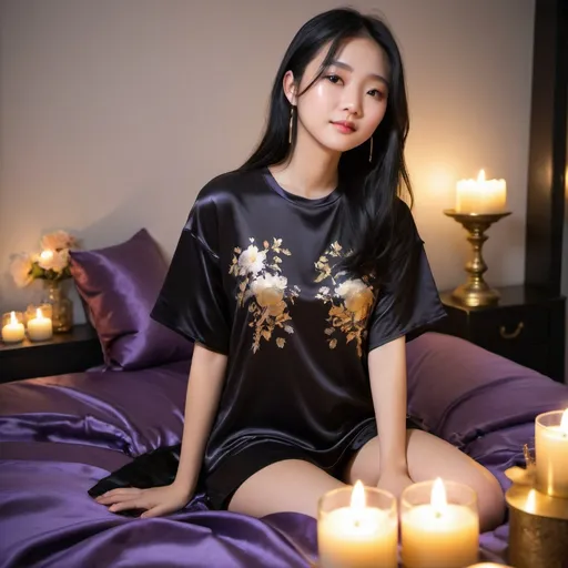 Prompt: cute chinese girl with long silky black hair wearing oversized black double layered satin t-shirt, short sleeve, sitting on bed, gold and purple puffy satin blanket with floral print, satin pillows, silky soft and shiny, soft candle lighting, gold satin lining