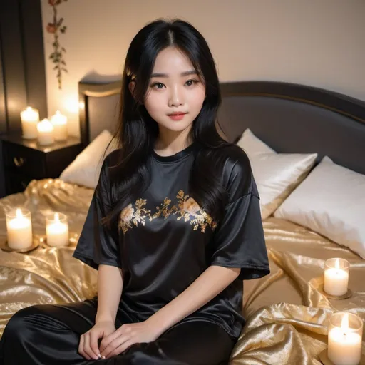 Prompt: cute chinese girl with long silky black hair wearing oversized black double layered satin t-shirt, short sleeve, sitting on bed, gold puffy satin blanket with floral print, satin pillows, silky soft and shiny, soft candle lighting, gold satin lining