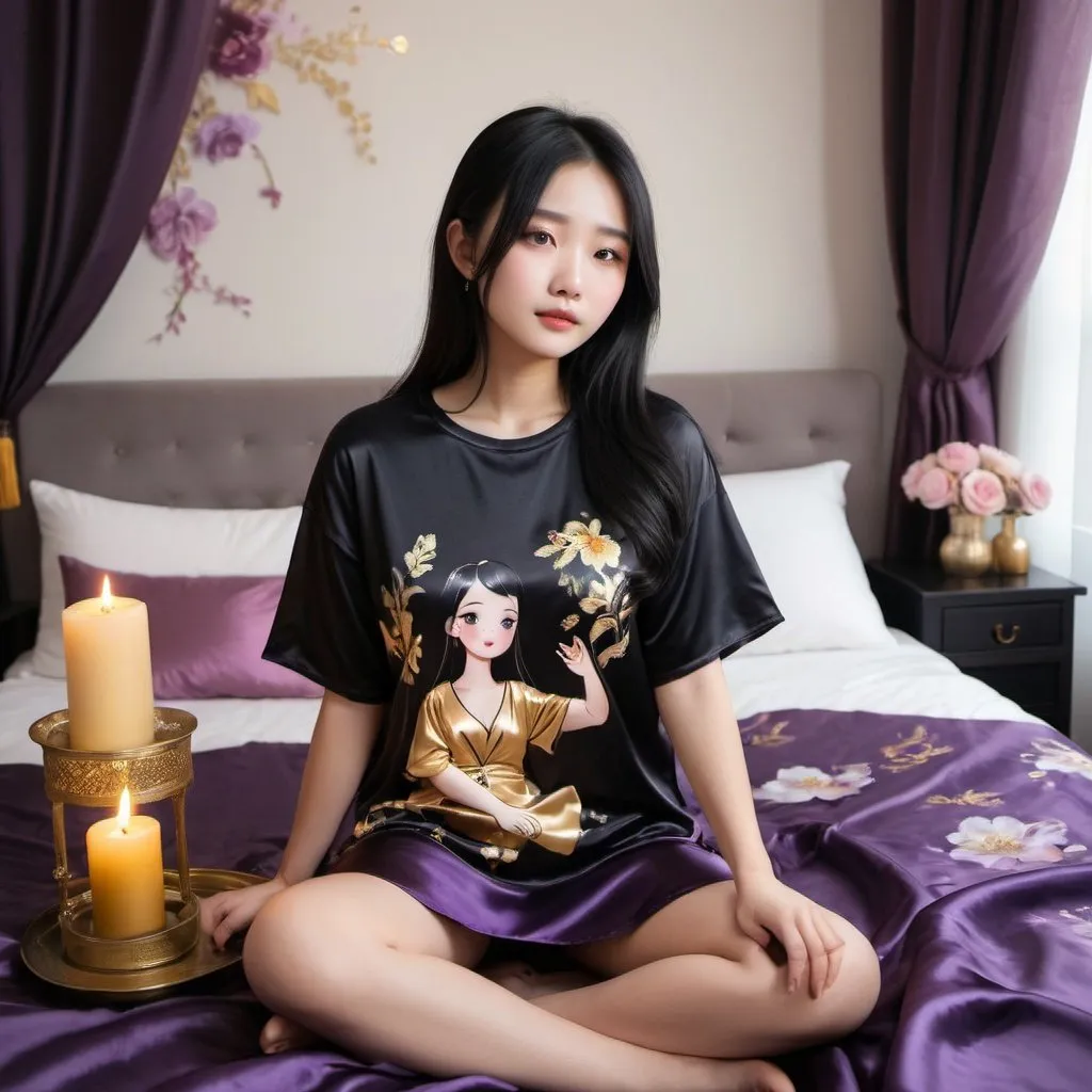 Prompt: cute chinese girl with long silky black hair wearing oversized black double layered satin t-shirt, short sleeve, sitting on bed, gold and purple puffy satin blanket with floral print, satin pillows, silky soft and shiny, soft candle lighting, gold satin lining