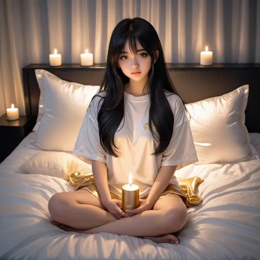 Prompt: cute anime girl with long silky black hair wearing oversized  double layered satin t-shirt, short sleeve, sitting on bed, gold stitched puffy satin blanket, satin pillows, silky soft and shiny, soft candle lighting