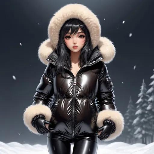Prompt: cute long black hair anime girl with tan skin in shiny  puffer jaket with black fur on hood, dancing, slimy, fluffy, soft, tickly, black puffer nylon pants, very long hair, moncler, shiny hair, hood up
