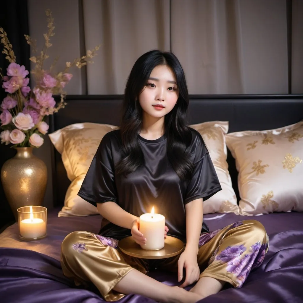 Prompt: cute chinese girl with long silky black hair wearing oversized black double layered satin t-shirt, short sleeve, sitting on bed, gold and purple puffy satin blanket with floral print, satin pillows, silky soft and shiny, soft candle lighting, gold satin lining