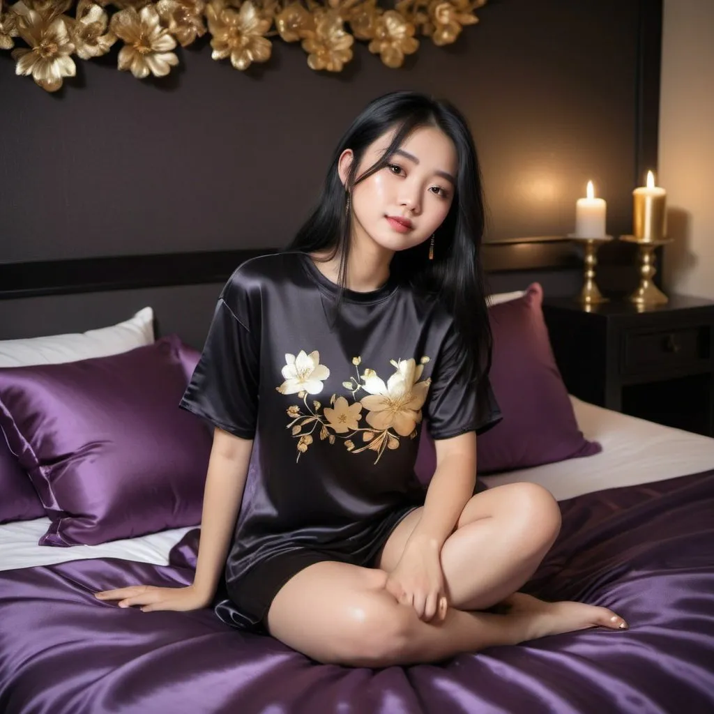 Prompt: cute chinese girl with long silky black hair wearing oversized black double layered satin t-shirt, short sleeve, sitting on bed, gold and purple puffy satin blanket with floral print, satin pillows, silky soft and shiny, soft candle lighting, gold satin lining