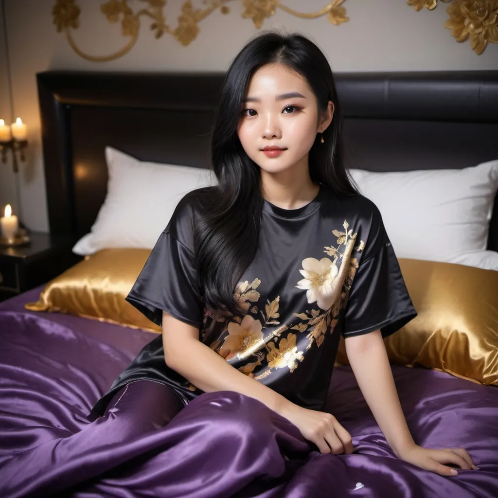 Prompt: cute chinese girl with long silky black hair wearing oversized black double layered satin t-shirt, short sleeve, sitting on bed, gold and purple puffy satin blanket with floral print, satin pillows, silky soft and shiny, soft candle lighting, gold satin lining