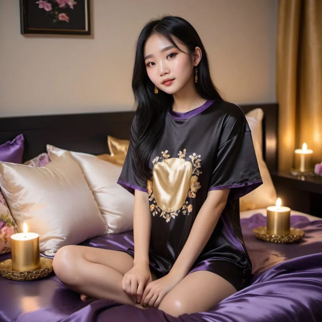 Prompt: cute chinese girl with long silky black hair wearing oversized black double layered satin t-shirt, short sleeve, sitting on bed, gold and purple puffy satin blanket with floral print, satin pillows, silky soft and shiny, soft candle lighting, gold satin lining