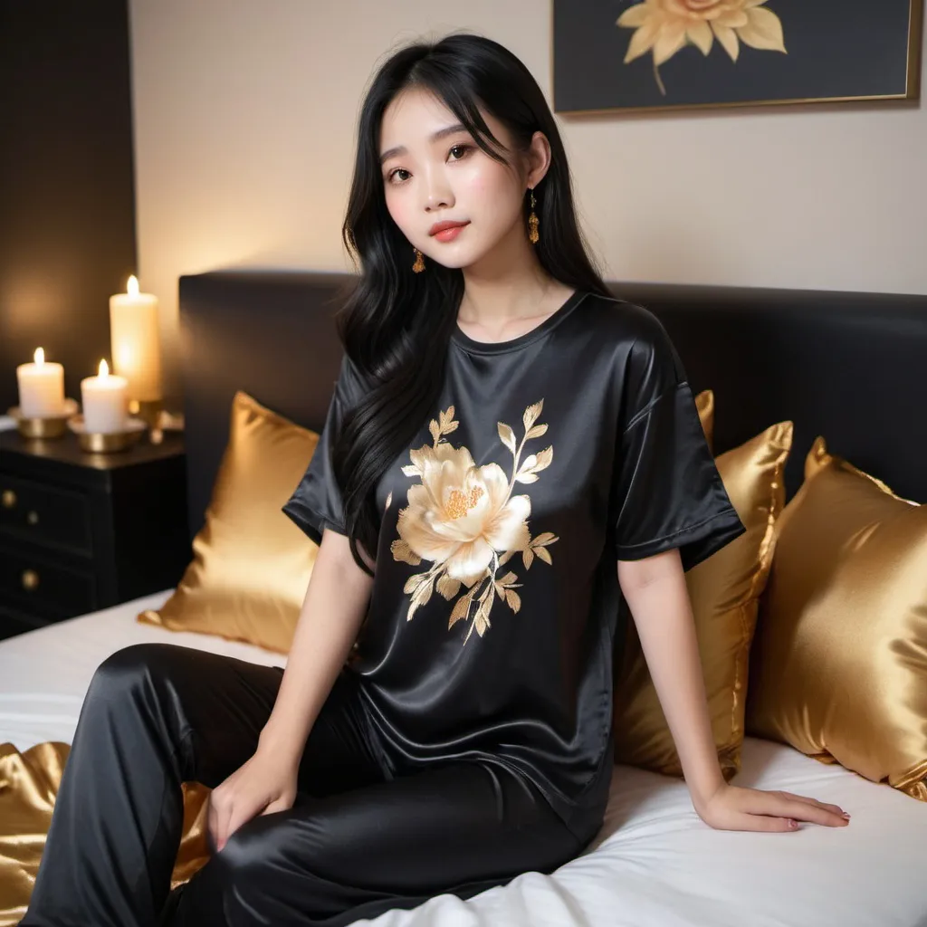 Prompt: cute chinese girl with long silky black hair wearing oversized black double layered satin t-shirt, short sleeve, sitting on bed, gold puffy satin blanket with floral print, satin pillows, silky soft and shiny, soft candle lighting, gold satin lining