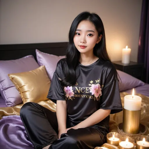 Prompt: cute chinese girl with long silky black hair wearing oversized black double layered satin t-shirt, short sleeve, sitting on bed, gold and purple puffy satin blanket with floral print, satin pillows, silky soft and shiny, soft candle lighting, gold satin lining