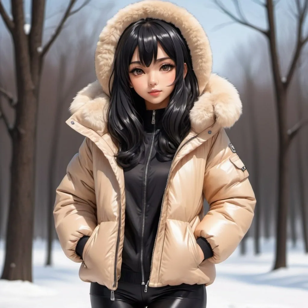 Prompt: cute long black hair anime girl with tan skin in shiny puffer jaket with fur on hood