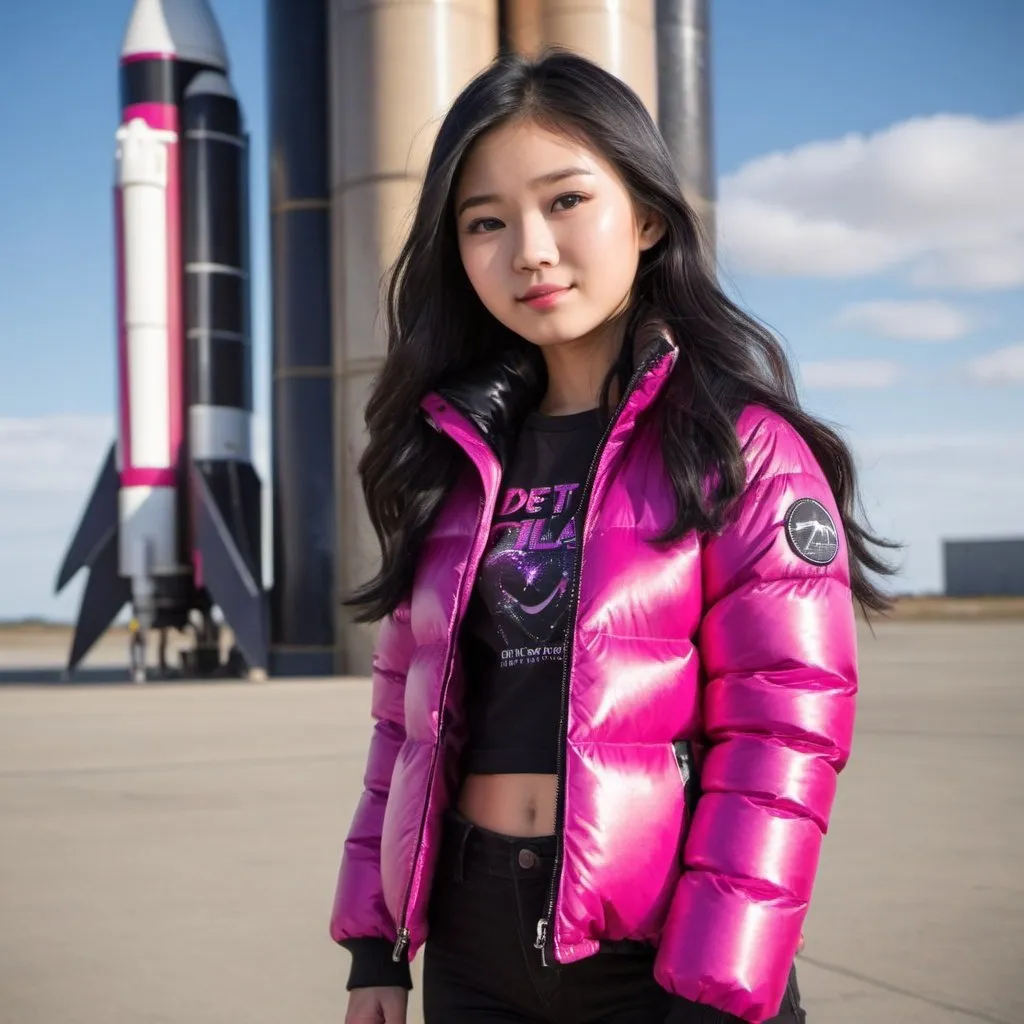 Prompt: cute teenage asian girl in Fuchsia and black shimmering nylon puffer jacket, long black hair, wearing t shirt, delta 4 heavy rocket in background