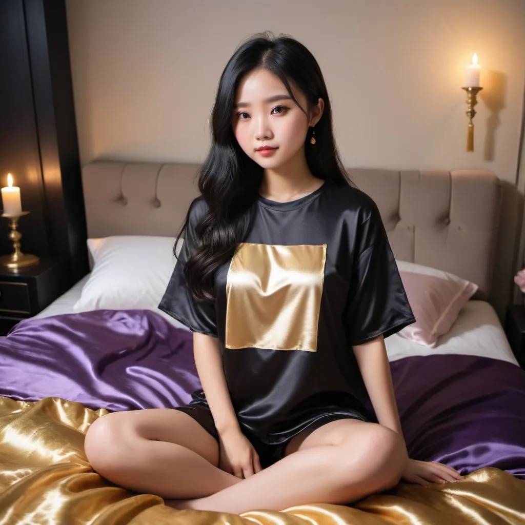 Prompt: cute chinese girl with long silky black hair wearing oversized black double layered satin t-shirt, short sleeve, sitting on bed, gold and purple puffy satin blanket with floral print, satin pillows, silky soft and shiny, soft candle lighting, gold satin lining